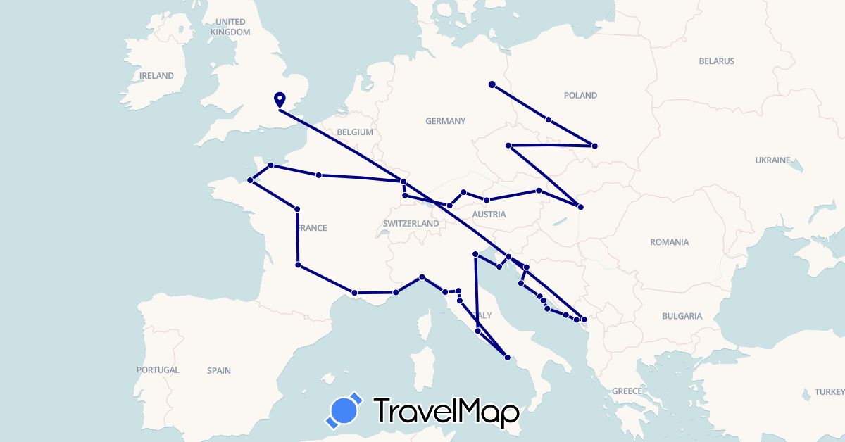 TravelMap itinerary: driving in Austria, Czech Republic, Germany, France, United Kingdom, Croatia, Hungary, Italy, Montenegro, Poland (Europe)
